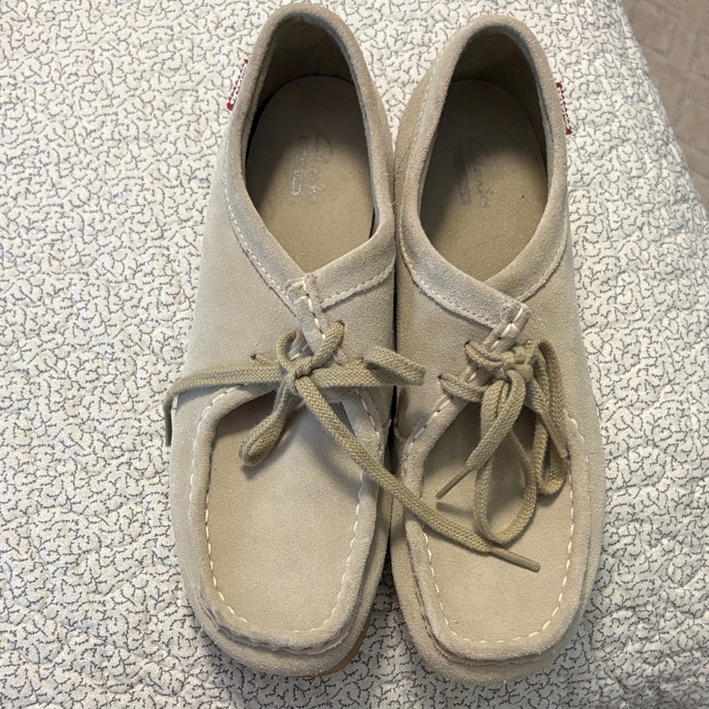 Clarks Beige Suede Wallabee-Style Mules